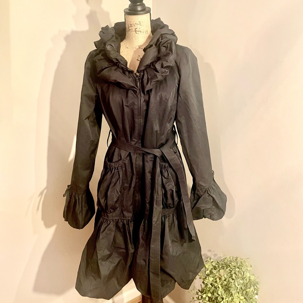 Rene Derhy Vintage Inspired French Black Ruffle Raincoat Size M